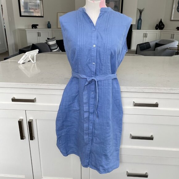 L.L.Bean 100% Linen Button Down Pleated Belted Dress Cornflower Blue Sz 10 NWOT - Picture 13 of 13